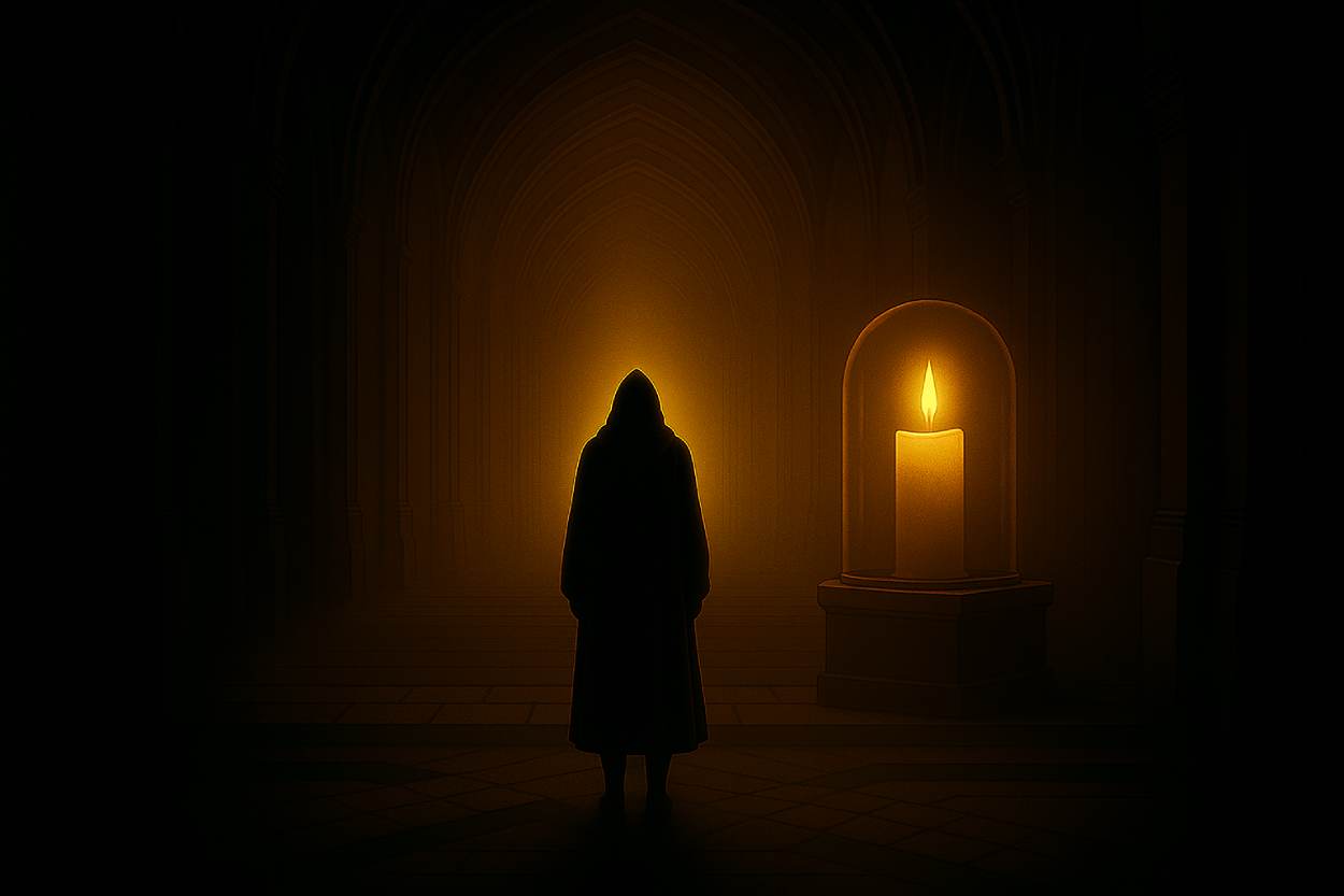 Eine in goldenes Licht getauchte gotische Halle. Im Zentrum schwebt ein leuchtender Ring über einem schlichten Sockel. Eine dunkle, vermummte Gestalt steht davor, vom Lichtschein umgeben – Symbol für Tolkiens Mythenschöpfung im Fantasy-Labyrinth.