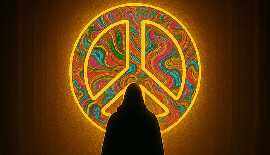 Ein digital gemaltes Fantasy-Motiv zeigt eine vermummte Gestalt in einem gotischen Gewölbe, die vor einem leuchtenden, psychedelisch schimmernden Kristall schwebt. Die Szene ist in orange-violettes Licht getaucht und wirkt mystisch, entrückt und symbolisch für Bewusstseinserweiterung und die spirituelle Suche der 1960er Jahre.