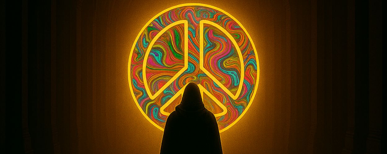 Ein digital gemaltes Fantasy-Motiv zeigt eine vermummte Gestalt in einem gotischen Gewölbe, die vor einem leuchtenden, psychedelisch schimmernden Kristall schwebt. Die Szene ist in orange-violettes Licht getaucht und wirkt mystisch, entrückt und symbolisch für Bewusstseinserweiterung und die spirituelle Suche der 1960er Jahre.