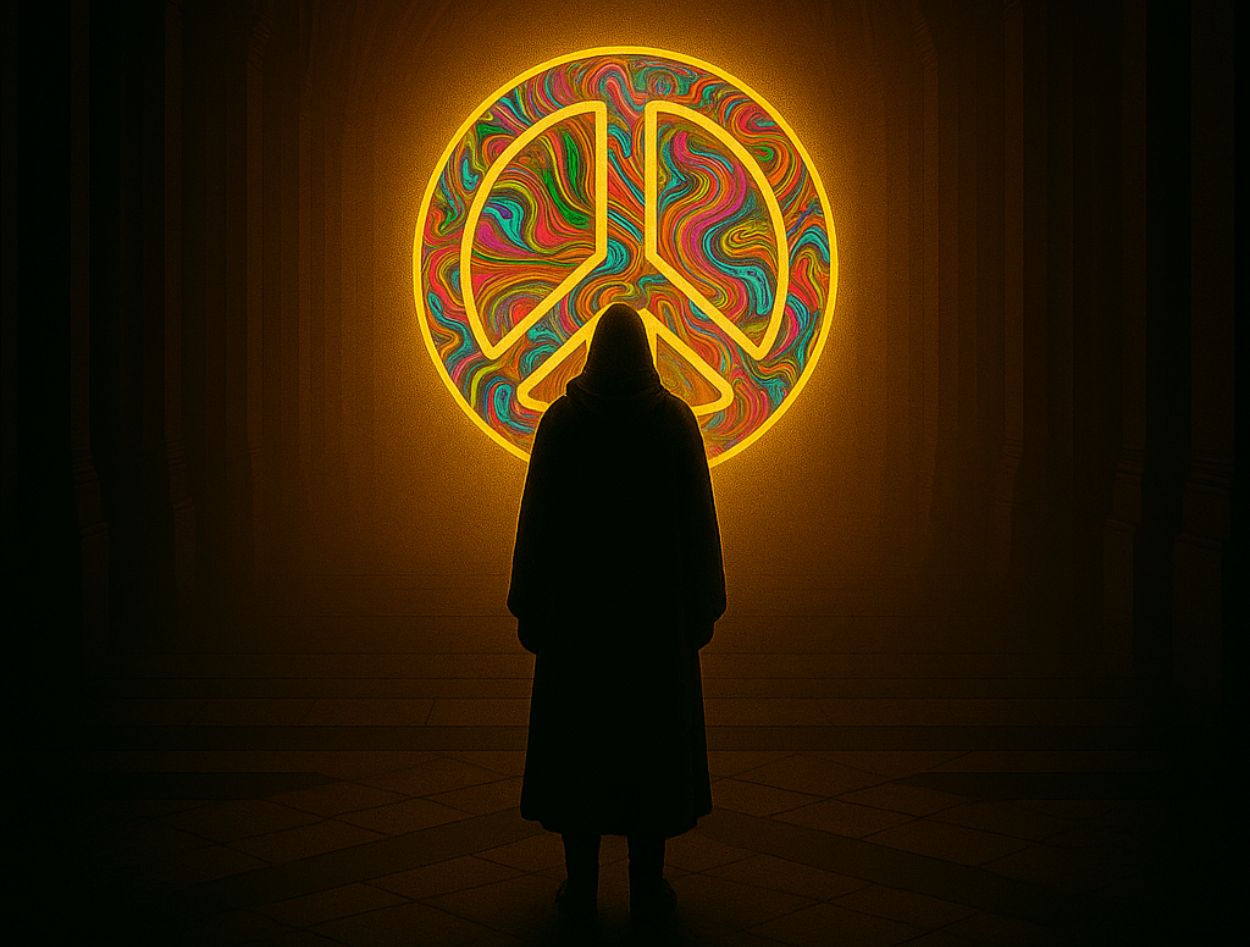 Ein digital gemaltes Fantasy-Motiv zeigt eine vermummte Gestalt in einem gotischen Gewölbe, die vor einem leuchtenden, psychedelisch schimmernden Kristall schwebt. Die Szene ist in orange-violettes Licht getaucht und wirkt mystisch, entrückt und symbolisch für Bewusstseinserweiterung und die spirituelle Suche der 1960er Jahre.