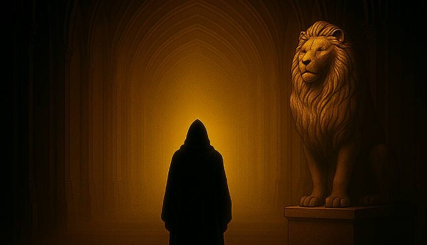 Ein in Umhang gehüllter Wanderer steht in einem goldenen, gotischen Korridor vor einer monumentalen Löwenstatue – Sinnbild für Aslan und die Schwelle nach Narnia.