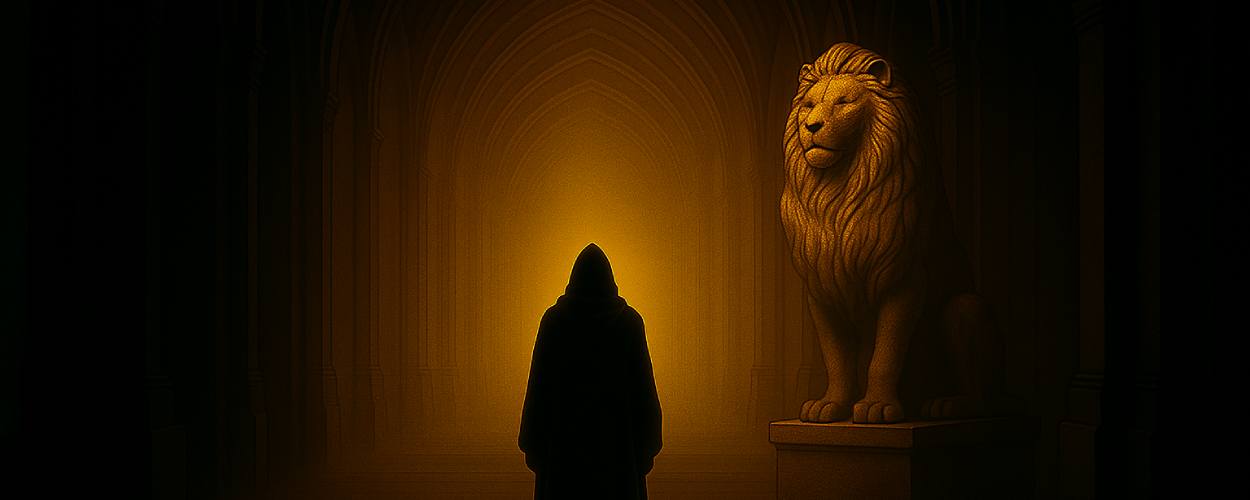 Ein in Umhang gehüllter Wanderer steht in einem goldenen, gotischen Korridor vor einer monumentalen Löwenstatue – Sinnbild für Aslan und die Schwelle nach Narnia.