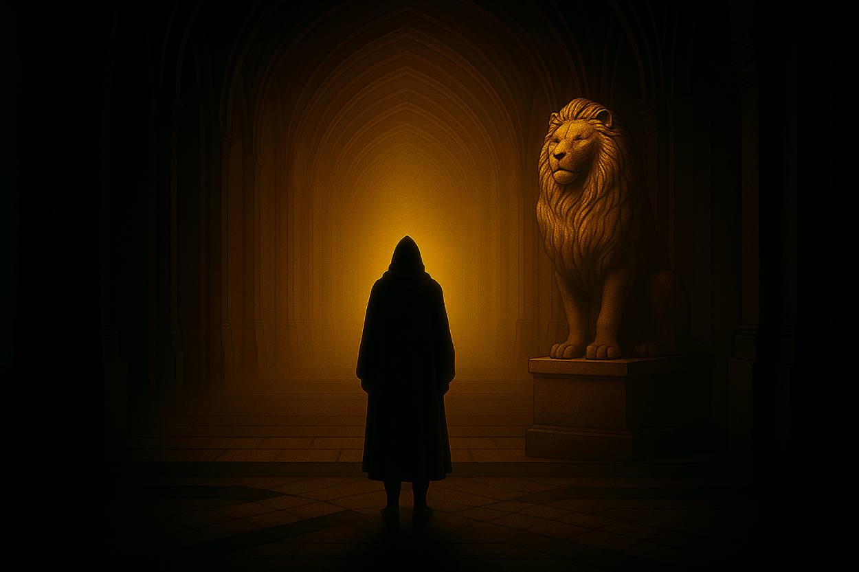 Ein in Umhang gehüllter Wanderer steht in einem goldenen, gotischen Korridor vor einer monumentalen Löwenstatue – Sinnbild für Aslan und die Schwelle nach Narnia.