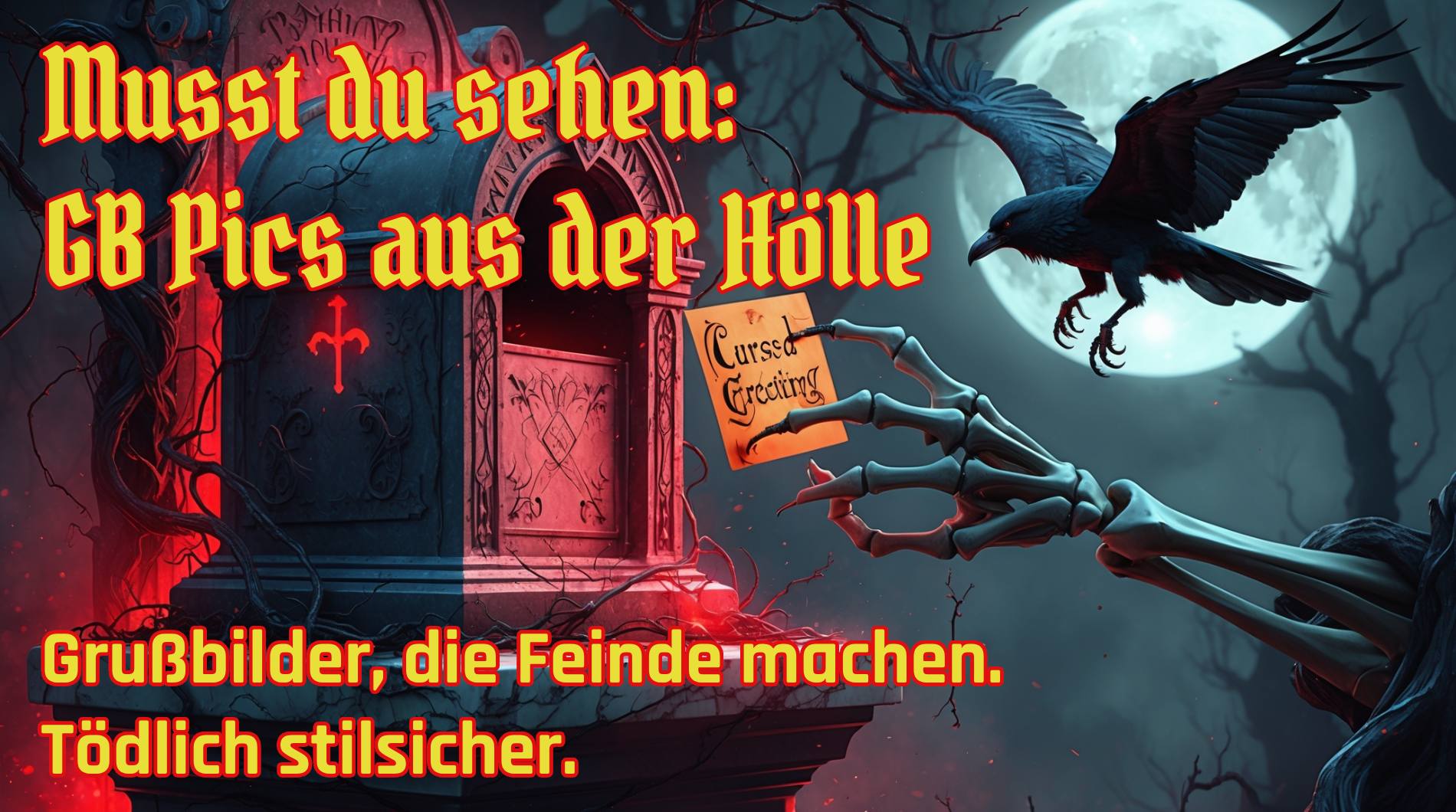 Verfluchter Grußkartenbriefkasten in Grabsteinform, umrankt von Dornenranken, mit skelettierter Hand, die eine „Cursed Greeting“-Karte übergibt – ein Rabe fliegt im Mondlicht darüber hinweg.