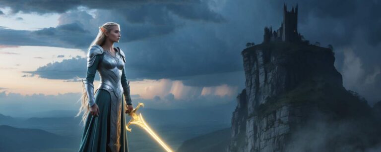 Galadriel in silberner Rüstung mit leuchtendem Schwert auf einem Berg – im Hintergrund eine düstere Festung, epische Fantasy-Szene im Stil eines Blockbuster-Films.