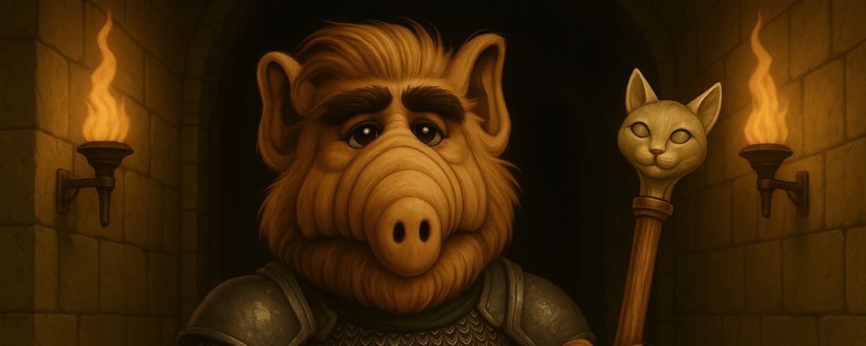 Digital gemaltes Porträt eines ALF-ähnlichen Ritters mit Katzenzepter, in einem Steinkorridor mit zwei Fackeln an den Wänden, melancholisch und warm ausgeleuchtet