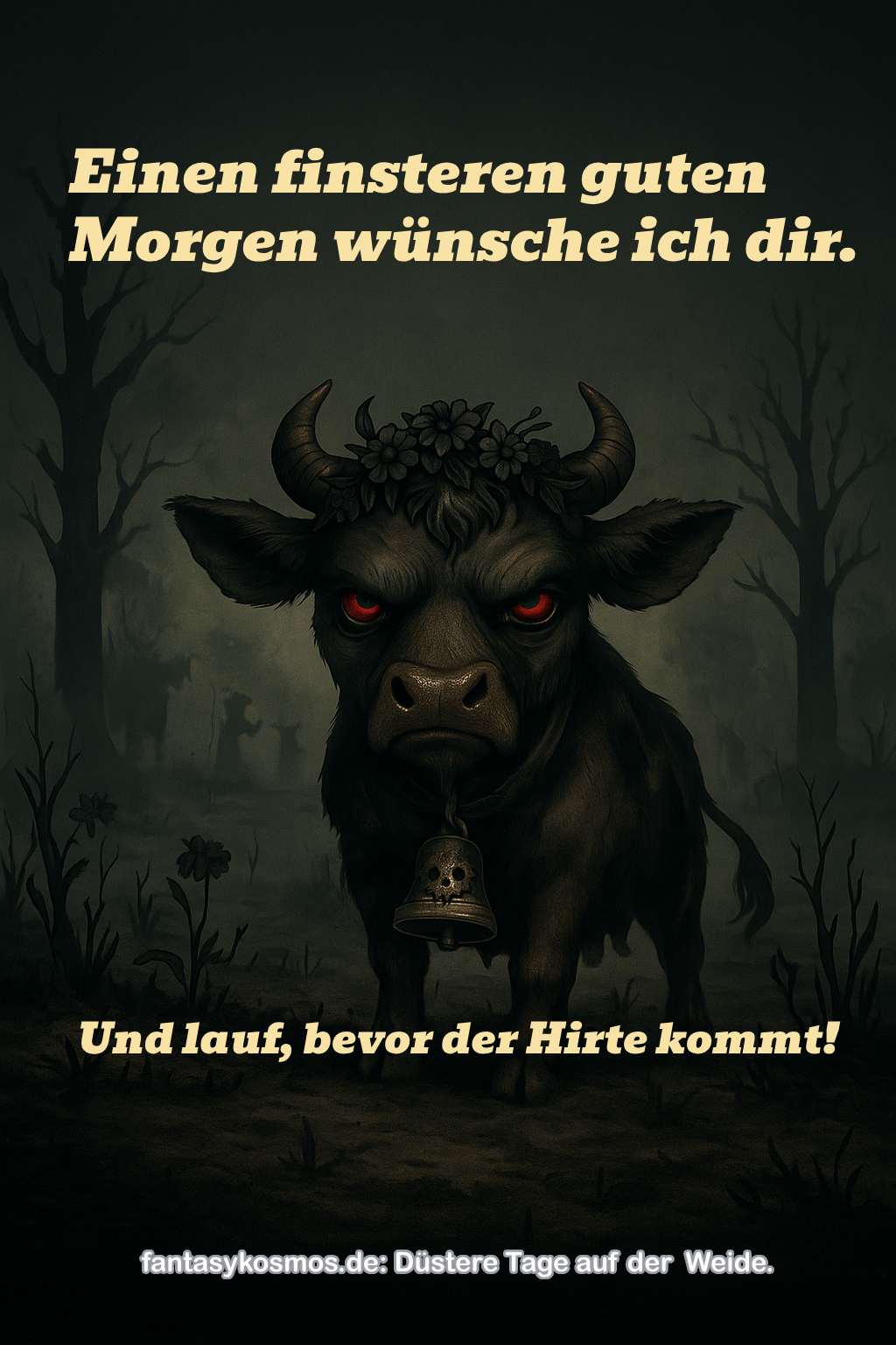 Eine dämonisch wirkende, schwarze Kuh mit roten Augen, Blumenkranz und Totenschädel-Glocke steht auf einer nebelverhangenen, düsteren Weide. Der Text wünscht einen „finsteren guten Morgen“ und warnt: „Lauf, bevor der Hirte kommt!“