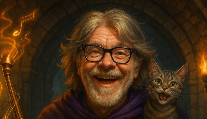 Ein älterer, fröhlich grinsender Mann mit langem, graumeliertem Haar und Brille steht in einem mittelalterlich wirkenden Steinflur mit Fackelbeleuchtung. Er trägt einen violetten Umhang, hält ein golden leuchtendes Saxofon-Zepter mit magischen Noten in der Luft und eine Pergamentrolle. Auf seiner Schulter sitzt eine sprechende grau-getigerte Katze mit offenem Maul – als würde sie gerade eine Prophezeiung verkünden.