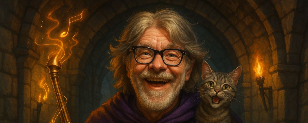 Ein älterer, fröhlich grinsender Mann mit langem, graumeliertem Haar und Brille steht in einem mittelalterlich wirkenden Steinflur mit Fackelbeleuchtung. Er trägt einen violetten Umhang, hält ein golden leuchtendes Saxofon-Zepter mit magischen Noten in der Luft und eine Pergamentrolle. Auf seiner Schulter sitzt eine sprechende grau-getigerte Katze mit offenem Maul – als würde sie gerade eine Prophezeiung verkünden.