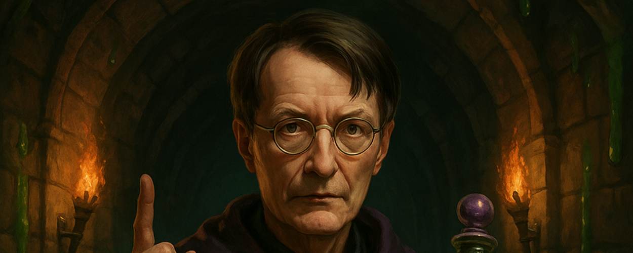 Fantastisches Porträt eines älteren Mannes in einem dunklen Gewölbegang mit Fackeln; er trägt eine violette Robe, hält eine grüne Ampulle mit schwebendem Schleimwesen und eine Schriftrolle in der Hand; sein Blick ist ernst, der Zeigefinger mahnend erhoben – eine Anspielung auf Karl Lauterbach als Seuchenchronist im Fantasy-Stil.