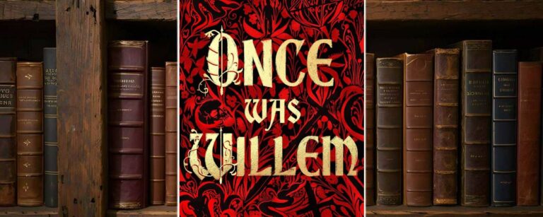 Cover von „Once Was Willem“ von M. R. Carey: Goldene, mittelalterlich verzierte Schrift vor einem floralen, tiefroten Hintergrund voller Ranken, Dämonenfratzen und stilisierter Gestalten. Oben der Blurb: „A masterpiece of medieval dark fiction“ – unten ein Zitat von Seanan McGuire: „A wild fever dream – monstrous and beautiful“. Der Gesamteindruck: finster, ornamental, gotisch.