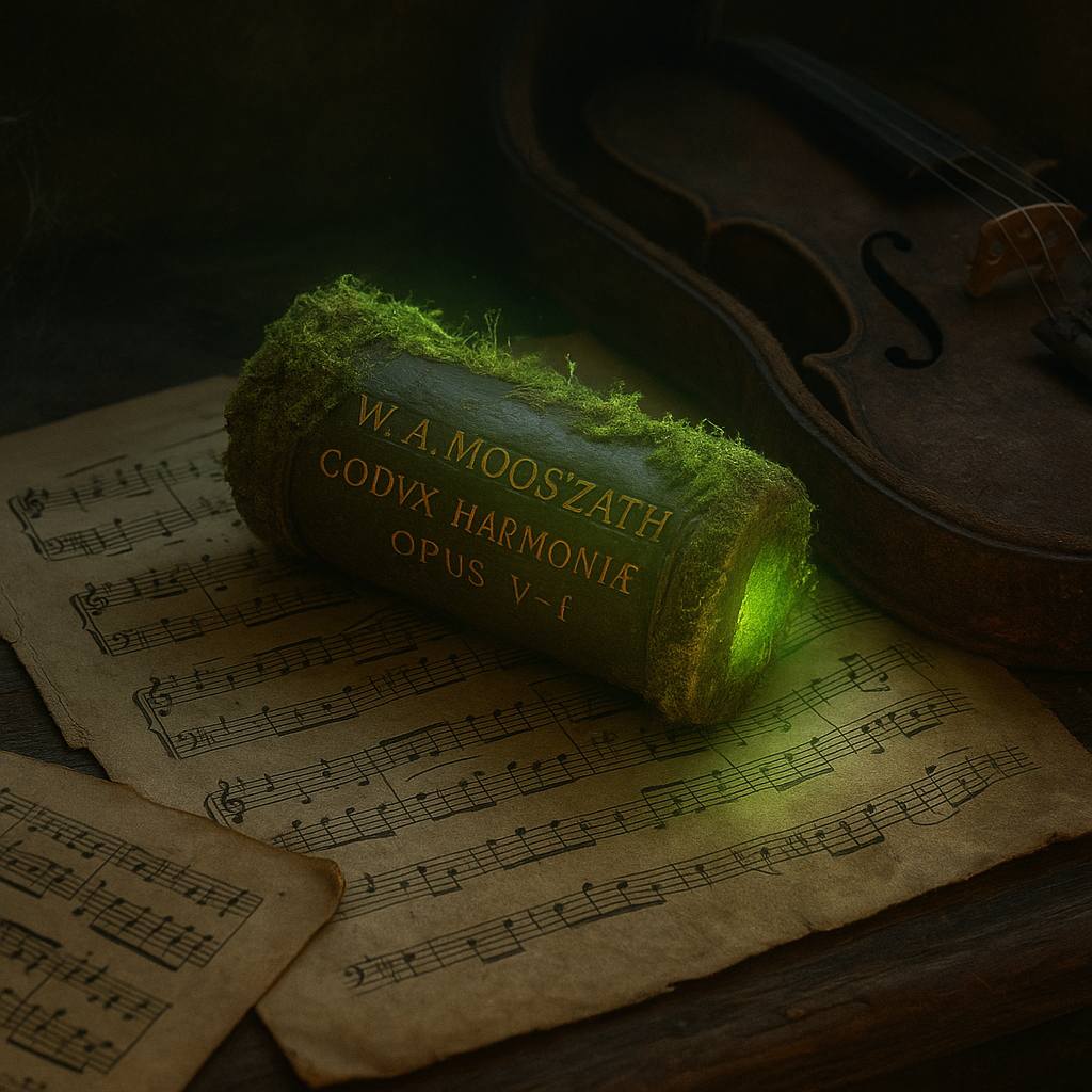 Ein moosbedeckter Musikzylinder aus Pflanzenharz liegt in einem verstaubten Archiv. Inschriften sind teilweise von Sporen überwachsen. Daneben Notizen in brüchiger Tinte.