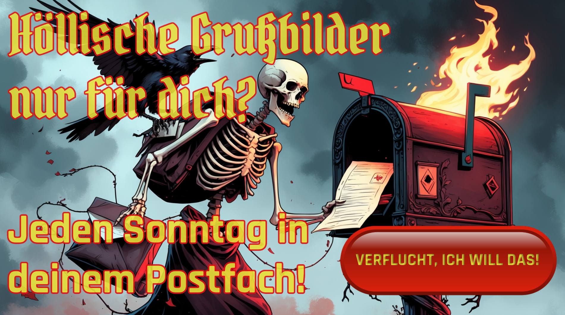 Skelett überreicht flammenden Brief an dämonischen Briefkasten, während eine Krähe krächzend zusieht – Werbebanner für den Fantasykosmos-Newsletter mit höllischen GB-Pics.