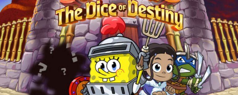 Trailerbild von Nicktoons & The Dice of Destiny: SpongeBob mit Schwert, Katara in Kampfpose, Cartoon-Fantasy-Hintergrund mit Magieeffekten.