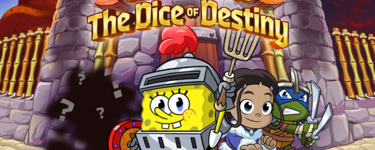 Trailerbild von Nicktoons & The Dice of Destiny: SpongeBob mit Schwert, Katara in Kampfpose, Cartoon-Fantasy-Hintergrund mit Magieeffekten.