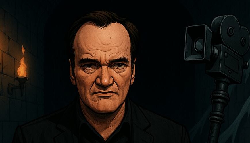 Comicartiges Porträt von Quentin Tarantino auf einem Orkkopf sitzend, mit blutiger Filmklappe und Kamera-Zepter, Fantasy-Hintergrund im Grindhouse-Stil