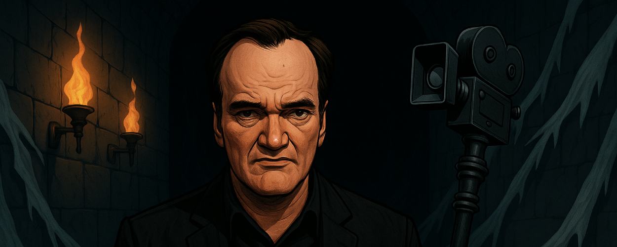Comicartiges Porträt von Quentin Tarantino auf einem Orkkopf sitzend, mit blutiger Filmklappe und Kamera-Zepter, Fantasy-Hintergrund im Grindhouse-Stil