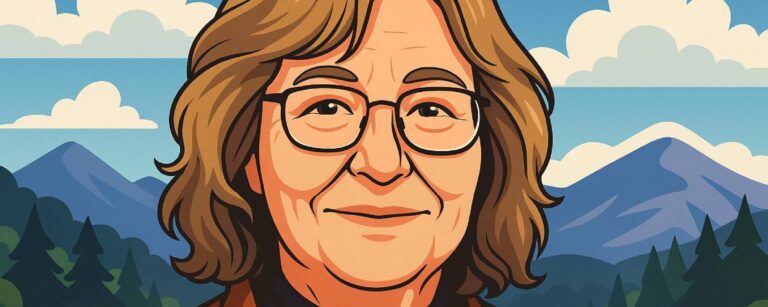 Cartoonartige Porträtillustration der Fantasy-Autorin Robin Hobb mit Brille, brauner Jacke und freundlichem Blick, im Hintergrund stilisierte Berge und Wälder unter blauem Himmel.