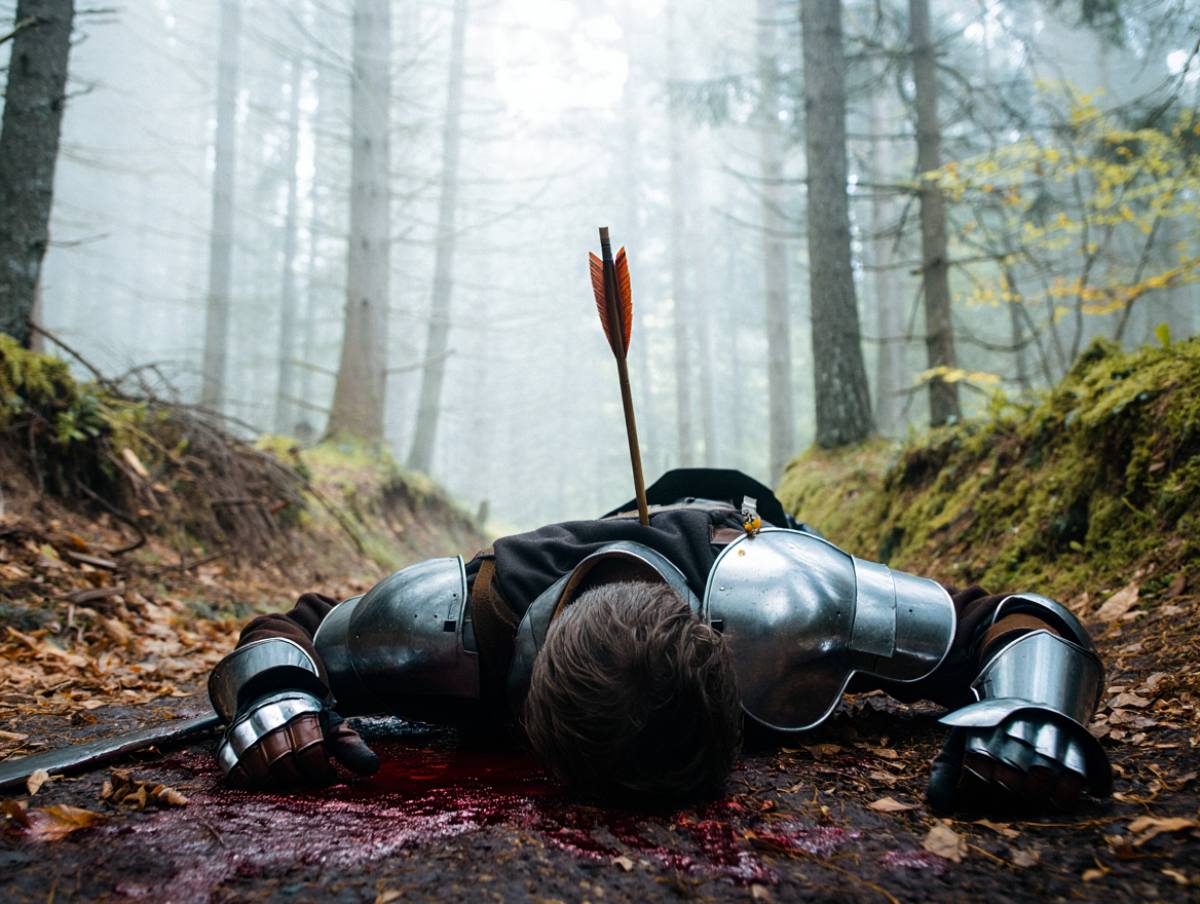 Gefallener Fantasy-Krieger mit durchbohrtem Rücken, dramatisch im Nebel