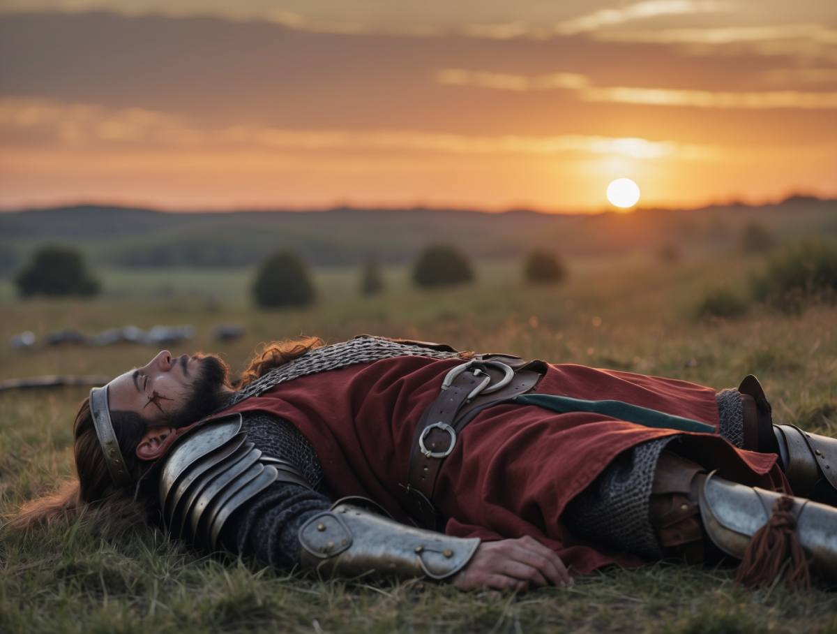 Gefallener Fantasy-Held in epischer Pose, goldenes Licht bricht durch die Wolken