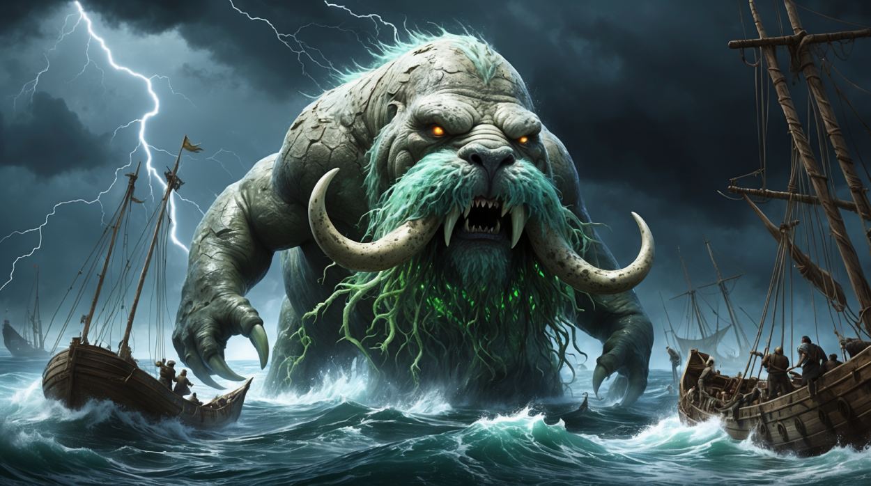 Gigantisches walrossartiges Meeresmonster mit grünen, leuchtenden Tentakel-Bartfäden und gewaltigen Stoßzähnen, ragt aus einem tobenden Sturmmeer empor und greift mehrere hölzerne Segelschiffe an – Rauk’Torr, das Kahlhauz der Nordströme, im Moment des Zorns.