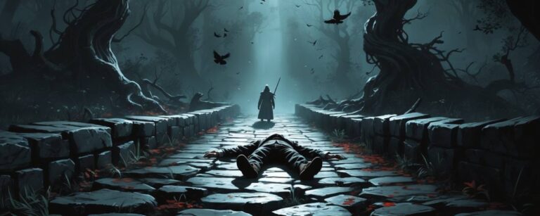 Cinematic fantasy scene: A dead figure lies on a stone path in a dark forest. A cloaked silhouette stands in the distance, crows circling above. Mysterious and ominous atmosphere.