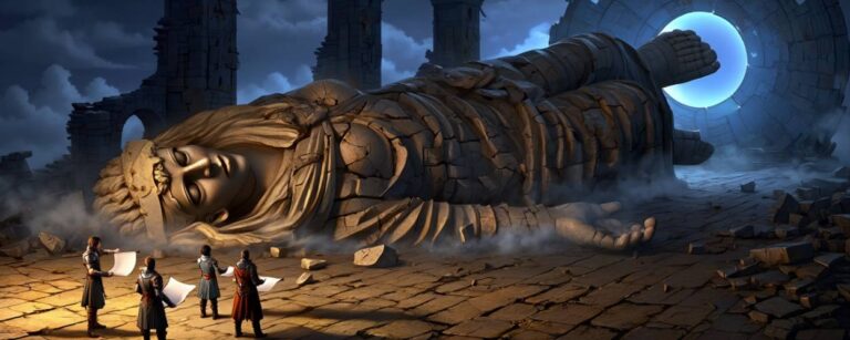 Fünf Fantasy-Charaktere stehen grübelnd vor einer zerfallenen Götterstatue in einer zerstörten Tempelanlage. Nebel steigt auf, im Hintergrund ein magisches Portal – Sinnbild für gescheiterte Großprojekte wie Ashes of Creation.