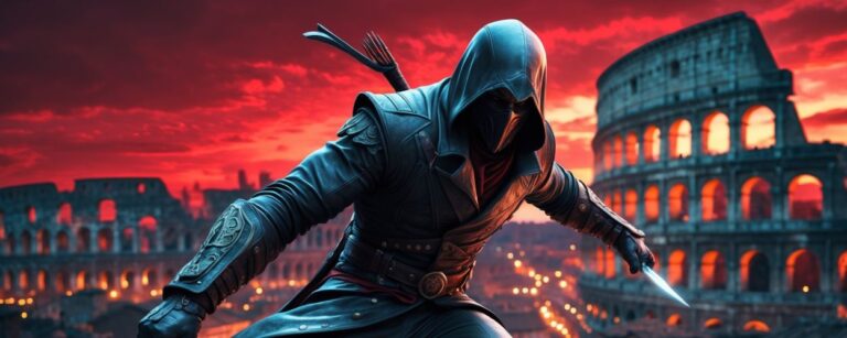 Ein Assassine mit Kapuze springt in Zeitlupe durch antike Säulen, während im Hintergrund das Kolosseum glüht – Netflix’ neue Adaption von Assassin’s Creed in dramatischer Fantasy-Szenerie.
