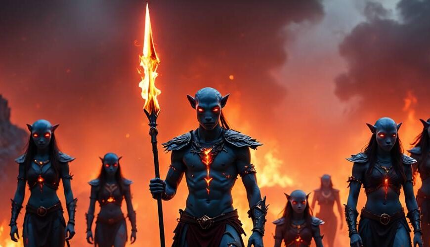 A group of fire-wielding Ash People resembling Na’vi warriors, with glowing red eyes and ember-cracked skin, marching through volcanic terrain as flames and smoke engulf the background – cinematic and intense.