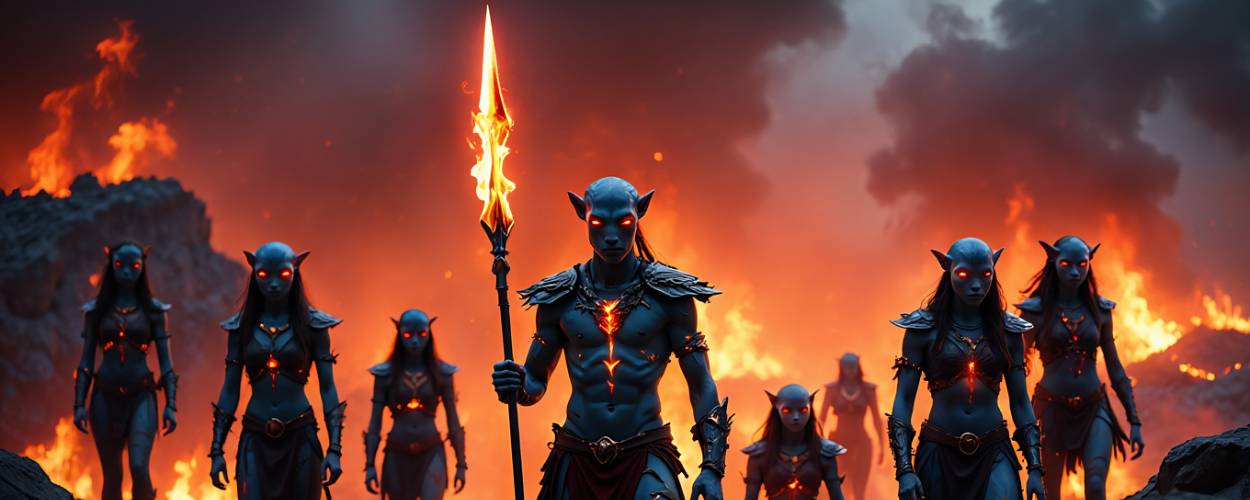 A group of fire-wielding Ash People resembling Na’vi warriors, with glowing red eyes and ember-cracked skin, marching through volcanic terrain as flames and smoke engulf the background – cinematic and intense.