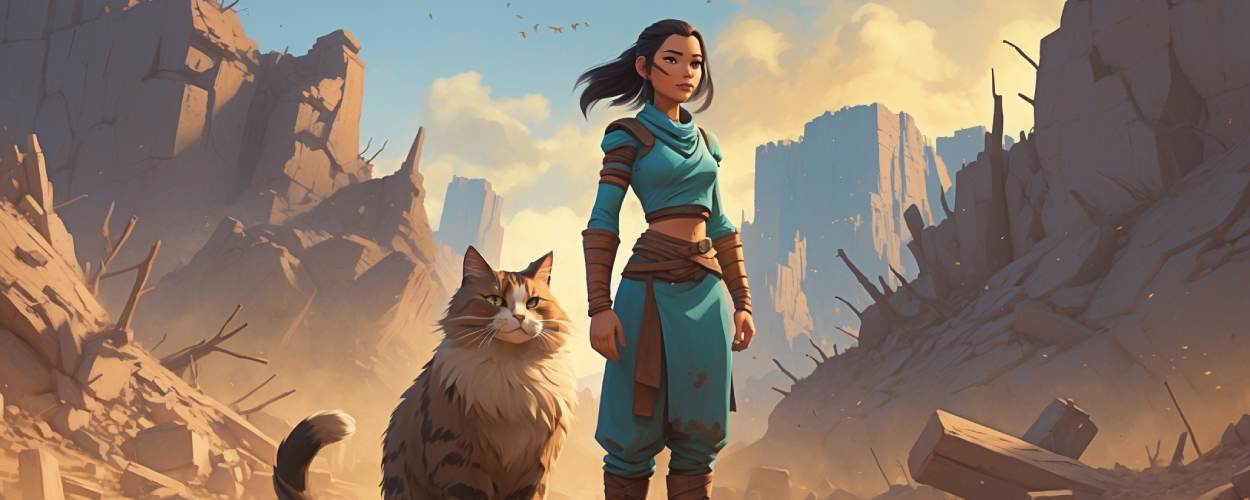 Eine junge, entschlossene Erdbändigerin mit Holzbein steht inmitten einer zerstörten Felslandschaft, an ihrer Seite ein übergroßer, flauschiger Katzengefährte – Symbol der neuen Serie Avatar: Seven Havens.