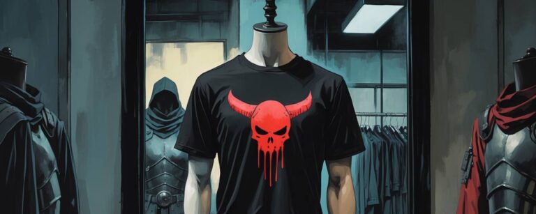 Ein schwarzes T-Shirt mit rotem Behelit-Schädel auf einer Schaufensterpuppe in düsterem Ladeninterieur – umgeben von Fantasy-Rüstungen und stummer Tragik. Berserk trifft Modeästhetik.