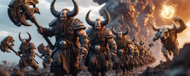 Eine marschierende Armee von Chaos-Zwergen stapft durch ein apokalyptisches Lavagebirge. Jeder trägt einen gigantischen Schädel-verzierten Zweihandhammer, Hörner wie ein Berserker-Bison und den Blick eines Steuereintreibers aus der Hölle. Daneben: ein stierköpfiges Mutantenwesen mit glühender Zauberkugel. Willkommen bei den Helschmieden von Hashut.