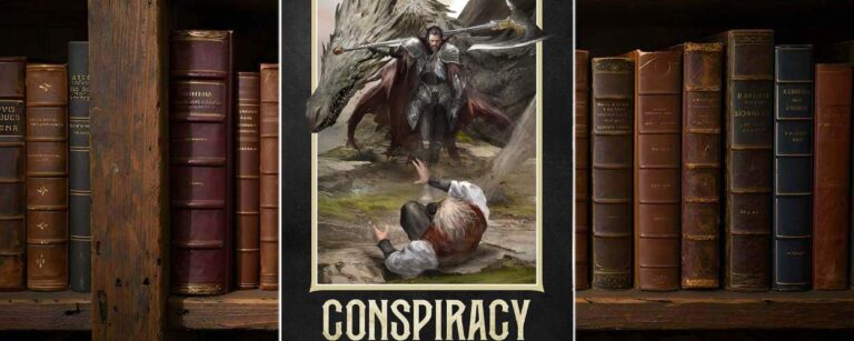 Cover von Conspiracy von A.C. Cobble: Ein Ritter mit gezogenen Schwertern stellt sich schützend vor einen weißen Drachen, während ein junger Mann zu Boden stürzt – epische Szene aus dem Reich Wahrheit.