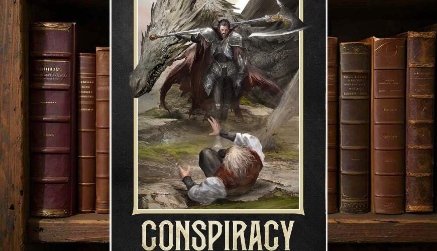 Cover von Conspiracy von A.C. Cobble: Ein Ritter mit gezogenen Schwertern stellt sich schützend vor einen weißen Drachen, während ein junger Mann zu Boden stürzt – epische Szene aus dem Reich Wahrheit.
