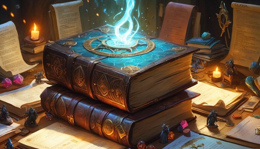 Zwei gewaltige, ledergebundene Regelwerke liegen auf einem überladenen Spieltisch voller Charakterbögen, Miniaturen, Würfel und flackernder Kerzen. Magische Runen steigen aus dem Buchdeckel empor – ein Sinnbild für das monumentale Ausmaß von Sandersons Cosmere-Rollenspiel.