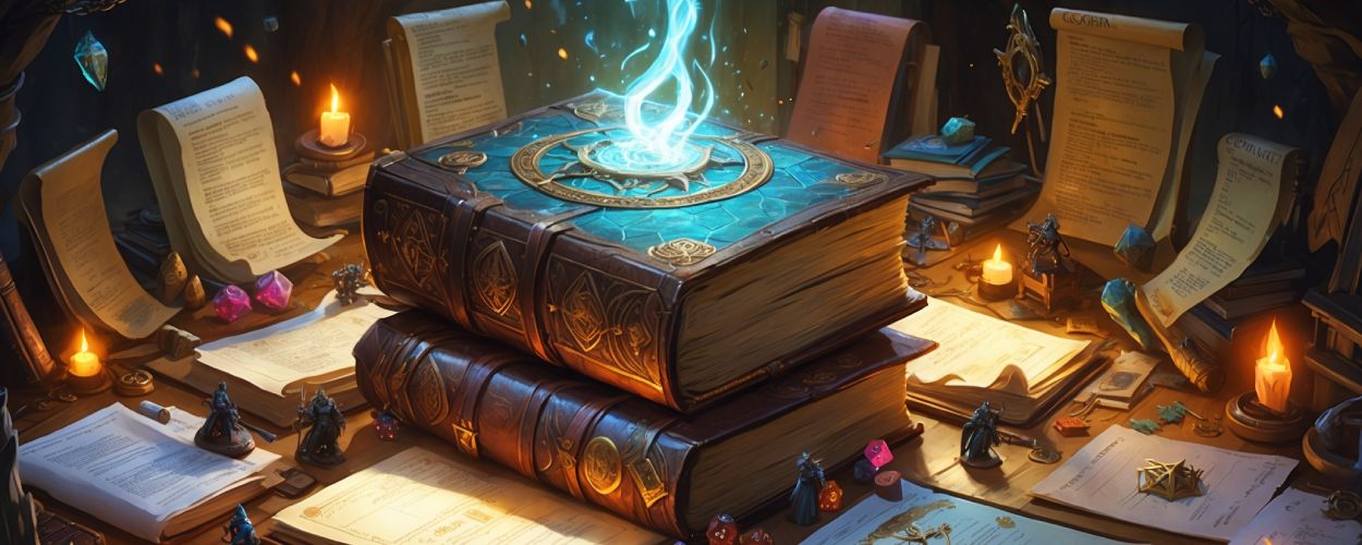 Zwei gewaltige, ledergebundene Regelwerke liegen auf einem überladenen Spieltisch voller Charakterbögen, Miniaturen, Würfel und flackernder Kerzen. Magische Runen steigen aus dem Buchdeckel empor – ein Sinnbild für das monumentale Ausmaß von Sandersons Cosmere-Rollenspiel.