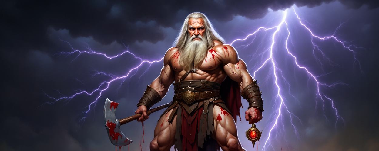 Muskulöser Fantasy-Krieger mit weißem Haar steht blutverschmiert auf einem Haufen besiegter Feinde, hält eine Axt und ein verfluchtes Amulett; im Hintergrund zucken Blitze am düsteren Himmel.