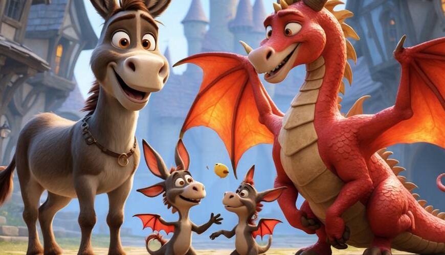 Donkey aus Shrek steht stolz neben seiner roten Drachenfrau, während ihre niedlichen halbdrachenartigen Kinder mit Flügeln herumtollen – umgeben von überraschten Märchenfiguren in einem fantasievollen Dorfsetting.