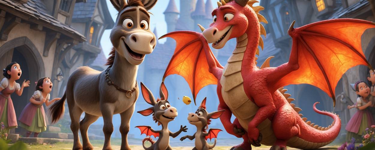 Donkey aus Shrek steht stolz neben seiner roten Drachenfrau, während ihre niedlichen halbdrachenartigen Kinder mit Flügeln herumtollen – umgeben von überraschten Märchenfiguren in einem fantasievollen Dorfsetting.