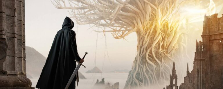Verschleierter Krieger mit Schwert blickt auf einen gewaltigen, leuchtenden Wurzelbaum inmitten zerstörter Fantasy-Ruinen – epische Szene im Stil von Elden Ring.