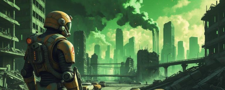Retro-futuristischer Soldat in Power-Rüstung blickt auf zerstörte, postapokalyptische Stadt mit grünem Himmel – symbolisiert die Rückkehr von Fallout