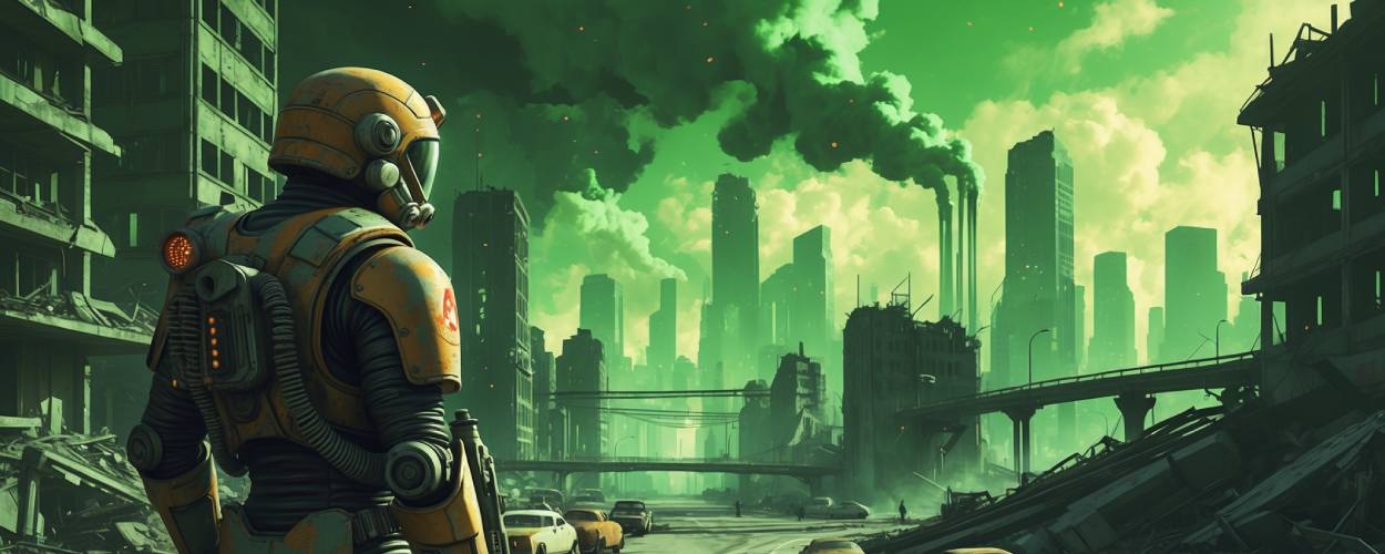 Retro-futuristischer Soldat in Power-Rüstung blickt auf zerstörte, postapokalyptische Stadt mit grünem Himmel – symbolisiert die Rückkehr von Fallout