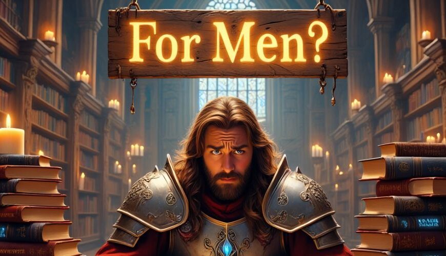 Ein grimmig dreinblickender Fantasy-Ritter sitzt in voller Rüstung an einem Tisch in einer mittelalterlichen Bibliothek. Vor ihm liegt ein aufgeschlagenes Buch, über ihm hängt ein Holzschild mit der Aufschrift „For Men?“. Um ihn herum türmen sich magisch leuchtende Fantasy-Bände mit Autorinnennamen – eine ironische Szene über die Absurdität geschlechtsspezifischer Buchempfehlungen.