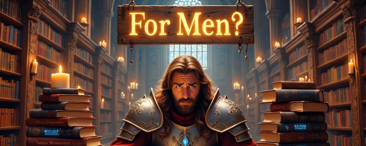 Ein grimmig dreinblickender Fantasy-Ritter sitzt in voller Rüstung an einem Tisch in einer mittelalterlichen Bibliothek. Vor ihm liegt ein aufgeschlagenes Buch, über ihm hängt ein Holzschild mit der Aufschrift „For Men?“. Um ihn herum türmen sich magisch leuchtende Fantasy-Bände mit Autorinnennamen – eine ironische Szene über die Absurdität geschlechtsspezifischer Buchempfehlungen.