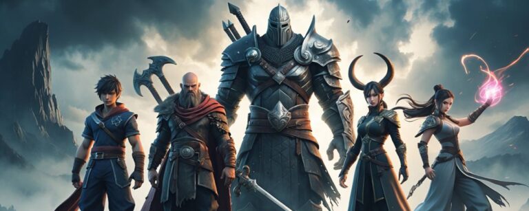 Cinematic Fantasy-Artwork mit fünf ikonischen Charakteren: junger Krieger, bärtiger Veteran, düsterer Ritter in schwarzer Rüstung, finstere Dämonin mit Hörnern und Magierin mit leuchtender Zauberkugel – vor dramatischem Himmel im epischen Stil.