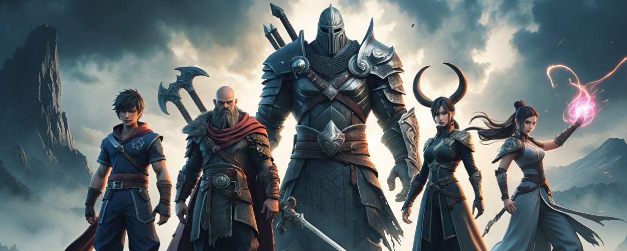 Cinematic Fantasy-Artwork mit fünf ikonischen Charakteren: junger Krieger, bärtiger Veteran, düsterer Ritter in schwarzer Rüstung, finstere Dämonin mit Hörnern und Magierin mit leuchtender Zauberkugel – vor dramatischem Himmel im epischen Stil.
