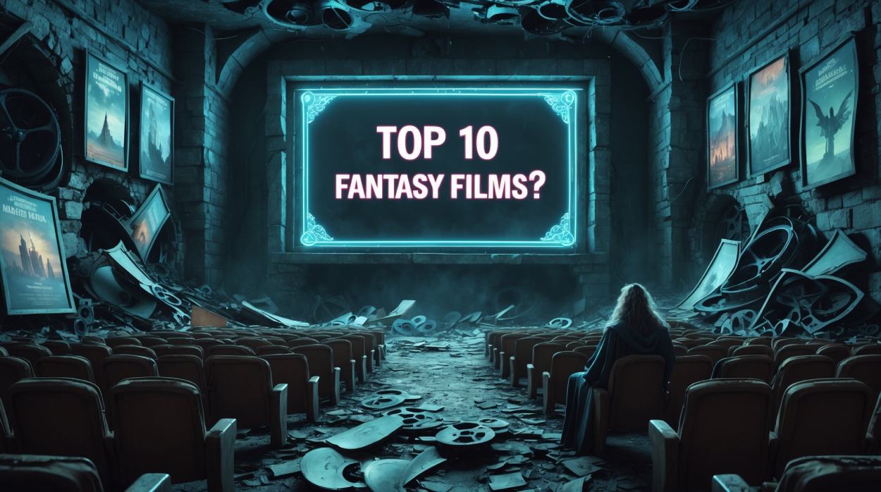Ein verfallenes Fantasy-Kino mit leeren Sitzreihen, zerbrochenen Filmrollen und einem leuchtenden Schild mit der Aufschrift „Top 10 Fantasy Films?“. Eine einsame Kapuzengestalt sitzt vor der Leinwand und starrt ins Nichts – Sinnbild einer enttäuschten Fantasy-Fanseele.