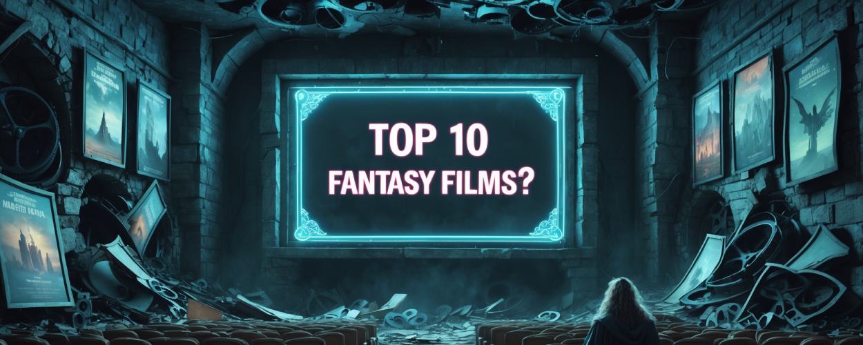 Ein verfallenes Fantasy-Kino mit leeren Sitzreihen, zerbrochenen Filmrollen und einem leuchtenden Schild mit der Aufschrift „Top 10 Fantasy Films?“. Eine einsame Kapuzengestalt sitzt vor der Leinwand und starrt ins Nichts – Sinnbild einer enttäuschten Fantasy-Fanseele.