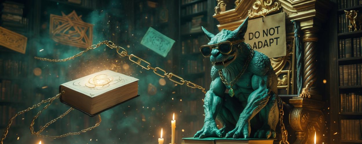 Mystische Fantasy-Bibliothek mit schwebendem Buch, magischen Ketten und einem sarkastischen Gargoyle in Sonnenbrille vor einem Thron mit dem Schild „DO NOT ADAPT“.